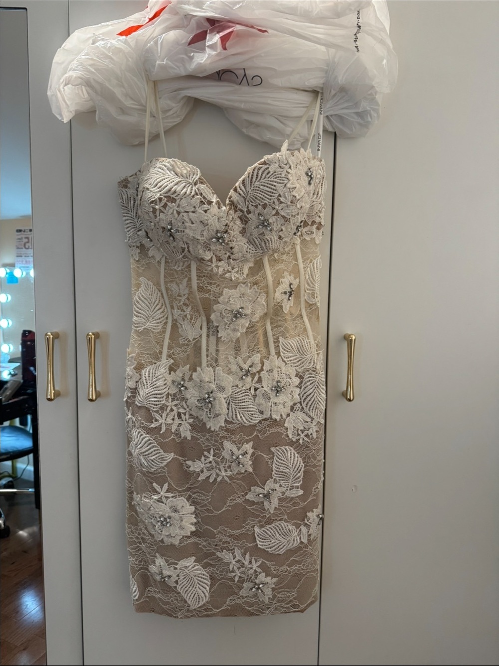 Jovani Ivory Lace Appliqué Bustier Chemise with Nude Underlay